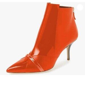 FSJ Orange Mid Heel Ankle Boots Pointed Toe Bootie Chelsea Zipper Shoes
